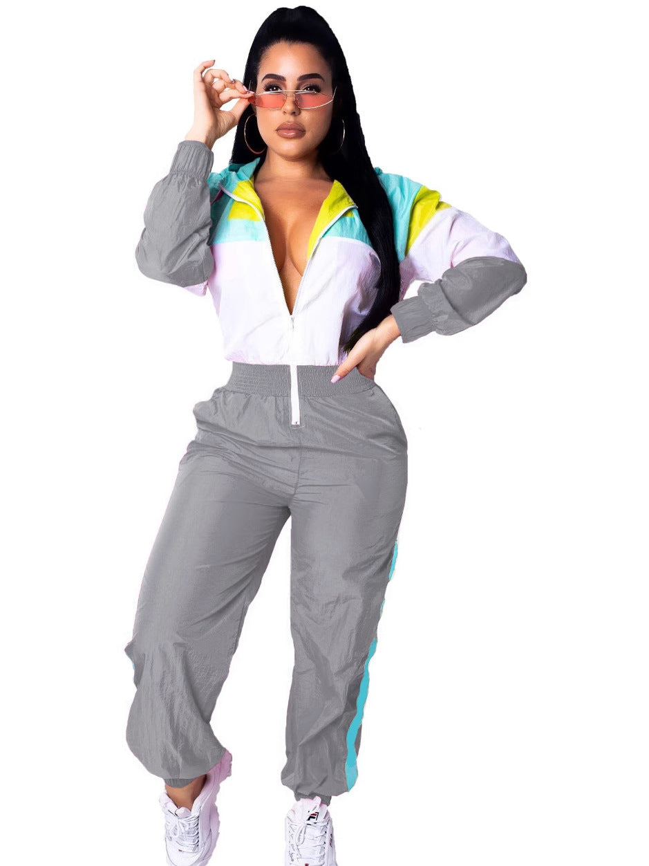 Women patchwork contrast color zipper jumpsuit