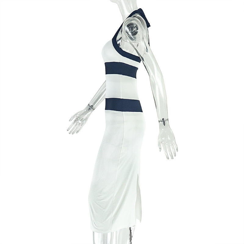 Black White Contrast Halter Dress Patchwork Bodycon Gown 7