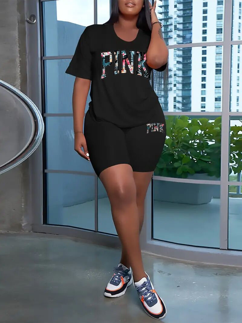 Summer Women's Letter Print Short Sleeve Shorts Sports Cycling Suit 4