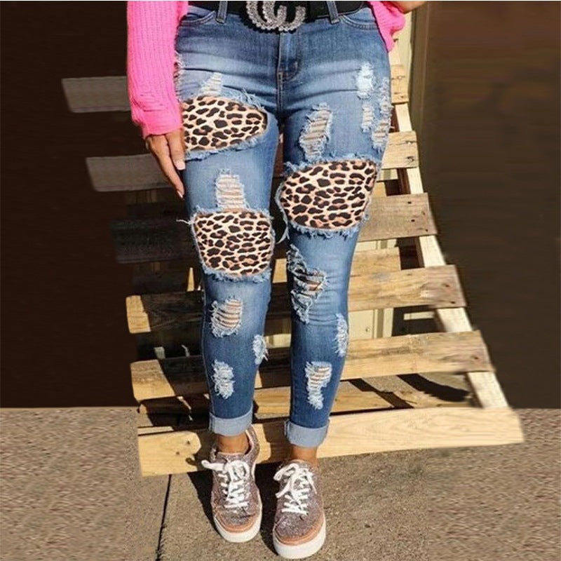 Ripped Women's Leopard Print Patch High Waist Denim Pants