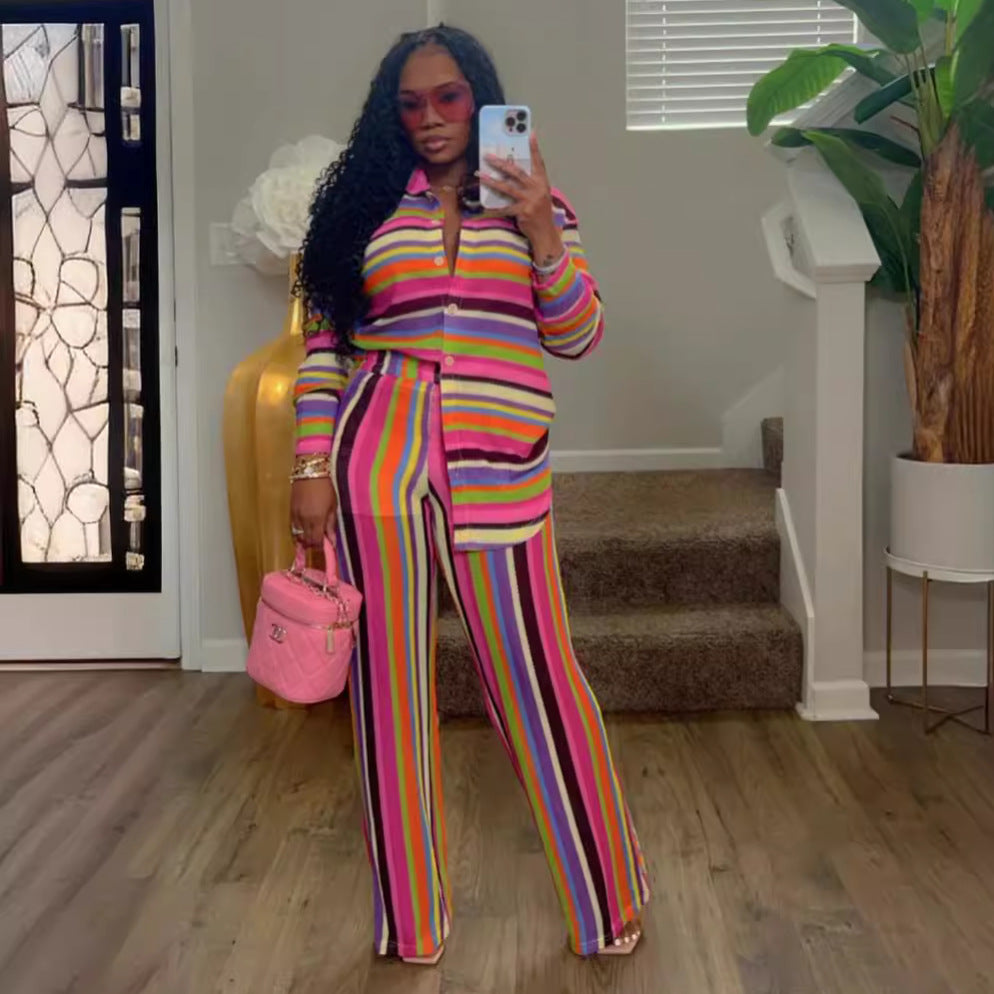 Women striped shirt and trousers two-piece set 5