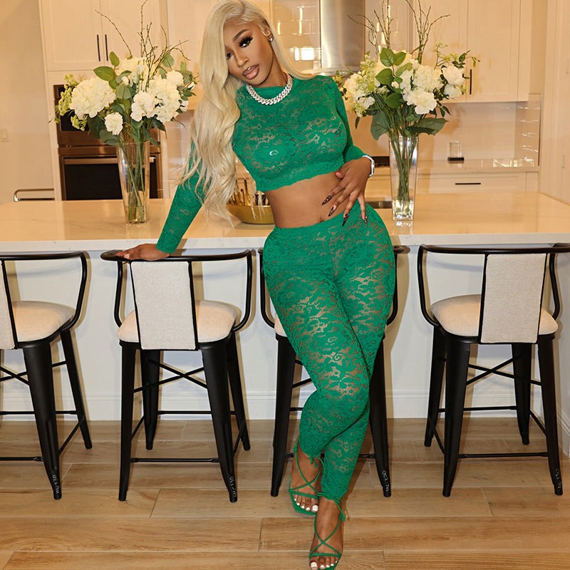 Women autumn lace Crop sexy long-sleeved Top and Pand Two Piece Set 3