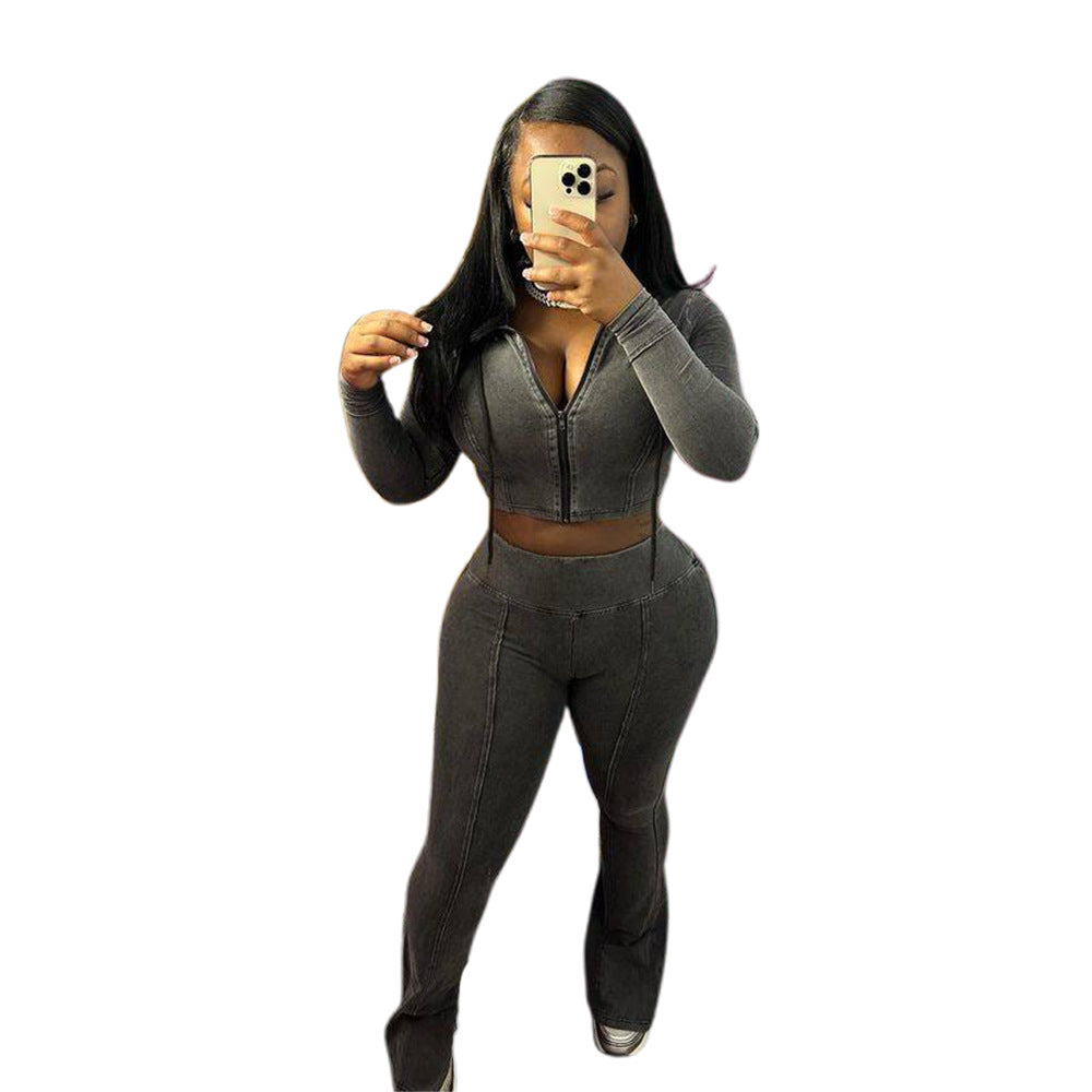 Women Washed Stretch Top and Slit Pants Two Piece Set 6