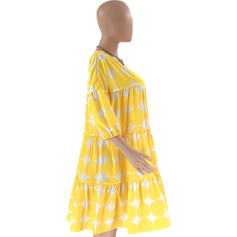 Summer Women Large Polka Dot Loose Round Neck Half-Sleeve Pleated Dress 23