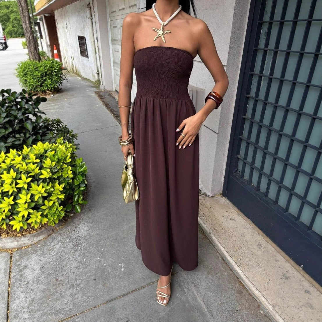 Summer Solid Strapless Slim Waist Maxi Dress 6