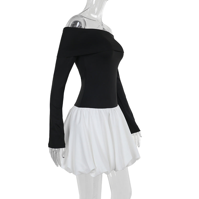 Autumn Casual Off Shoulder Color Matching Long Sleeve A-Line Women Short Dress 7