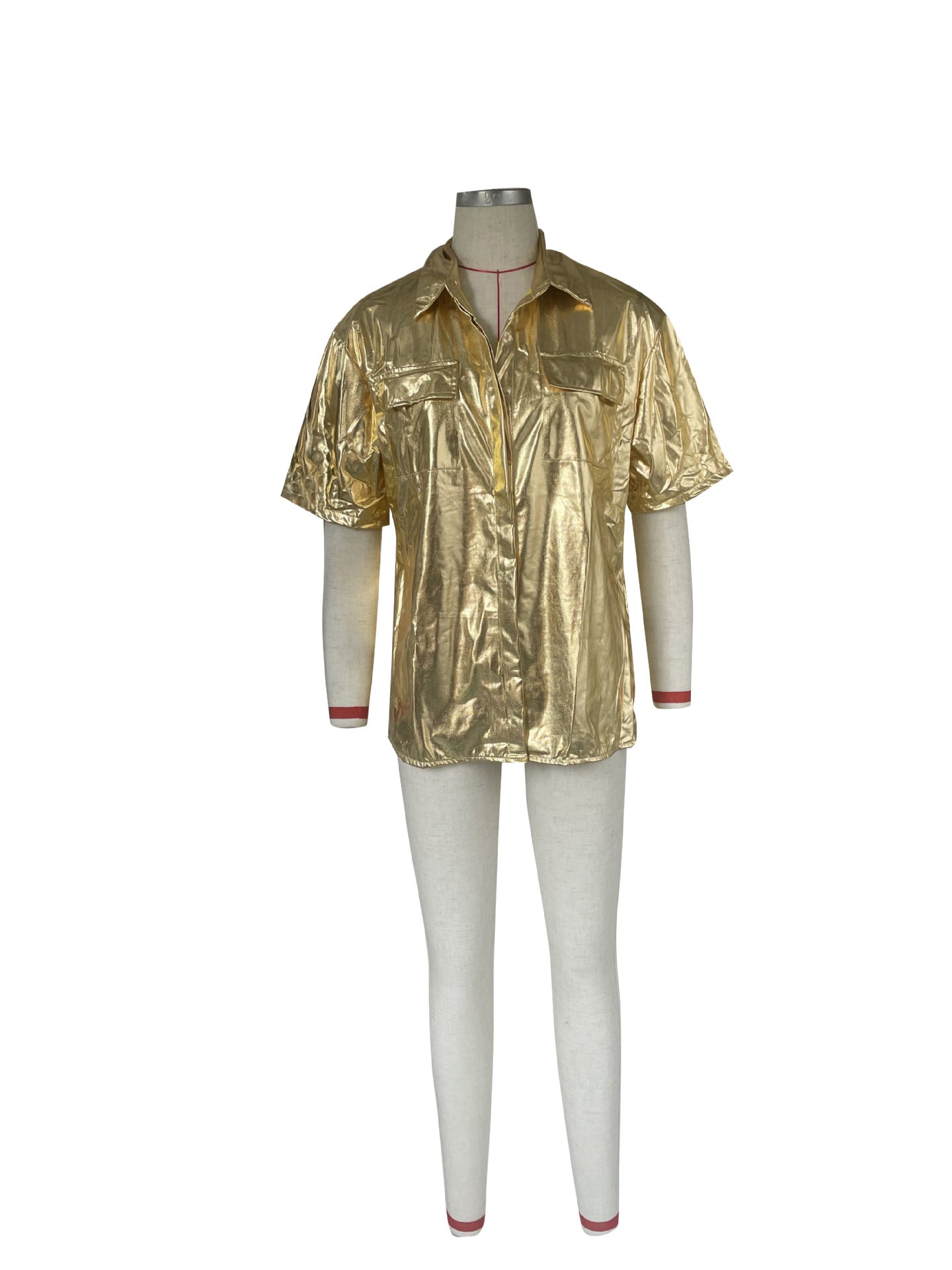 Women's Fashion Casual Shiny Faux Leather High Stretch Shirt Top 20