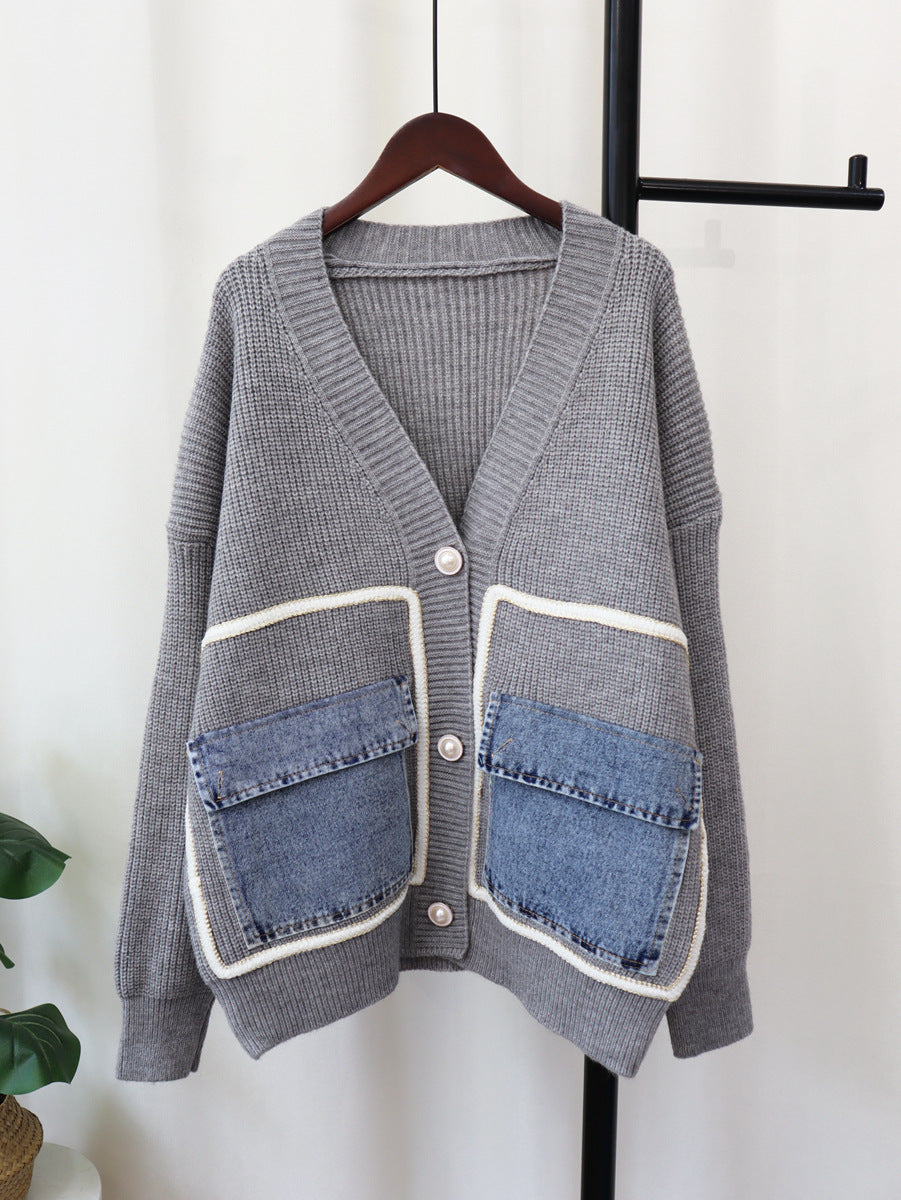 Autumn And Winter Denim Pocket Knitting Cardigan Loose Chic Wool Coat 4
