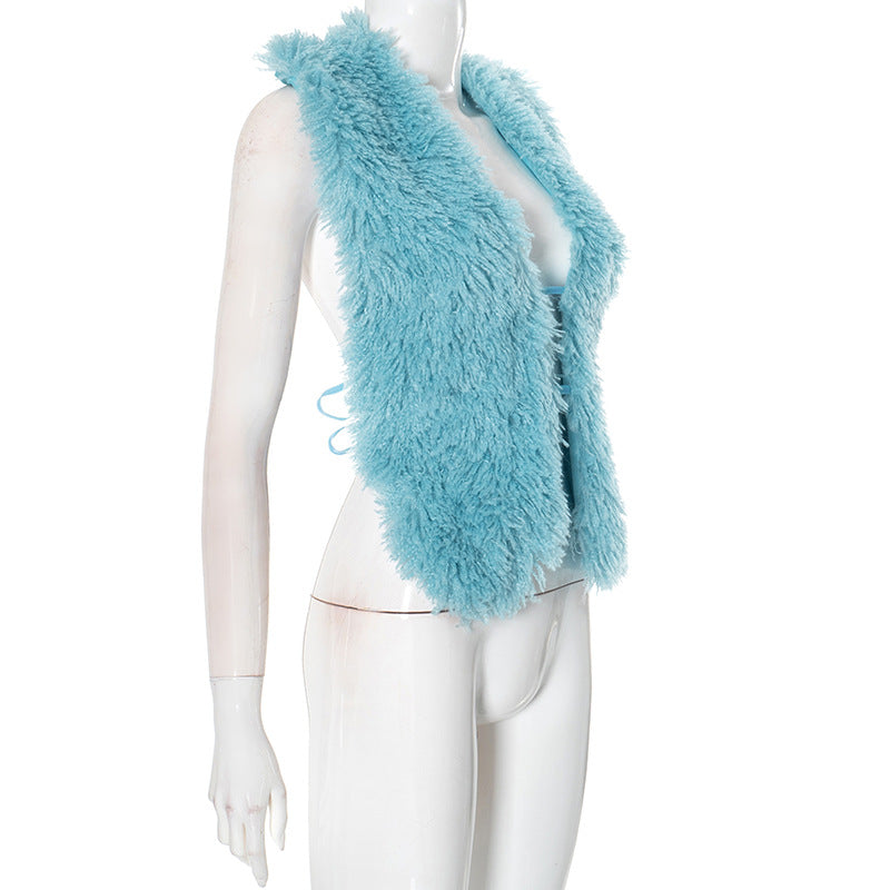 Women autumn and winter sexy backless fur collar Halter Neck vest 11