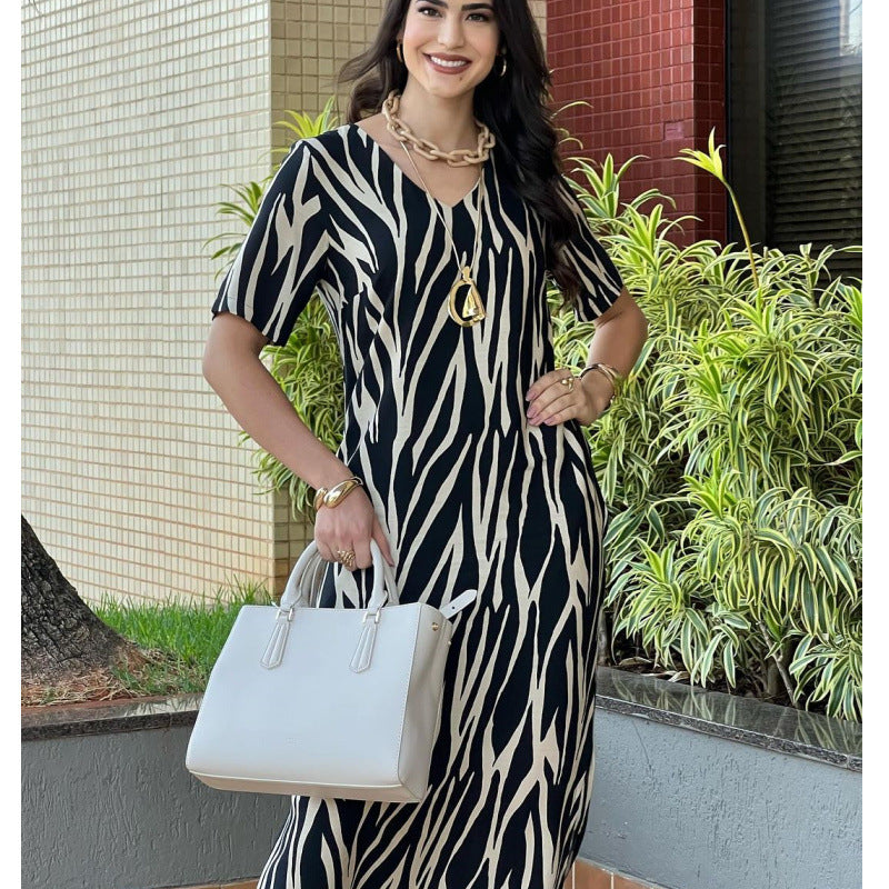 Women Elegant Printed Short Sleeve V-Neck Slit Dress 5