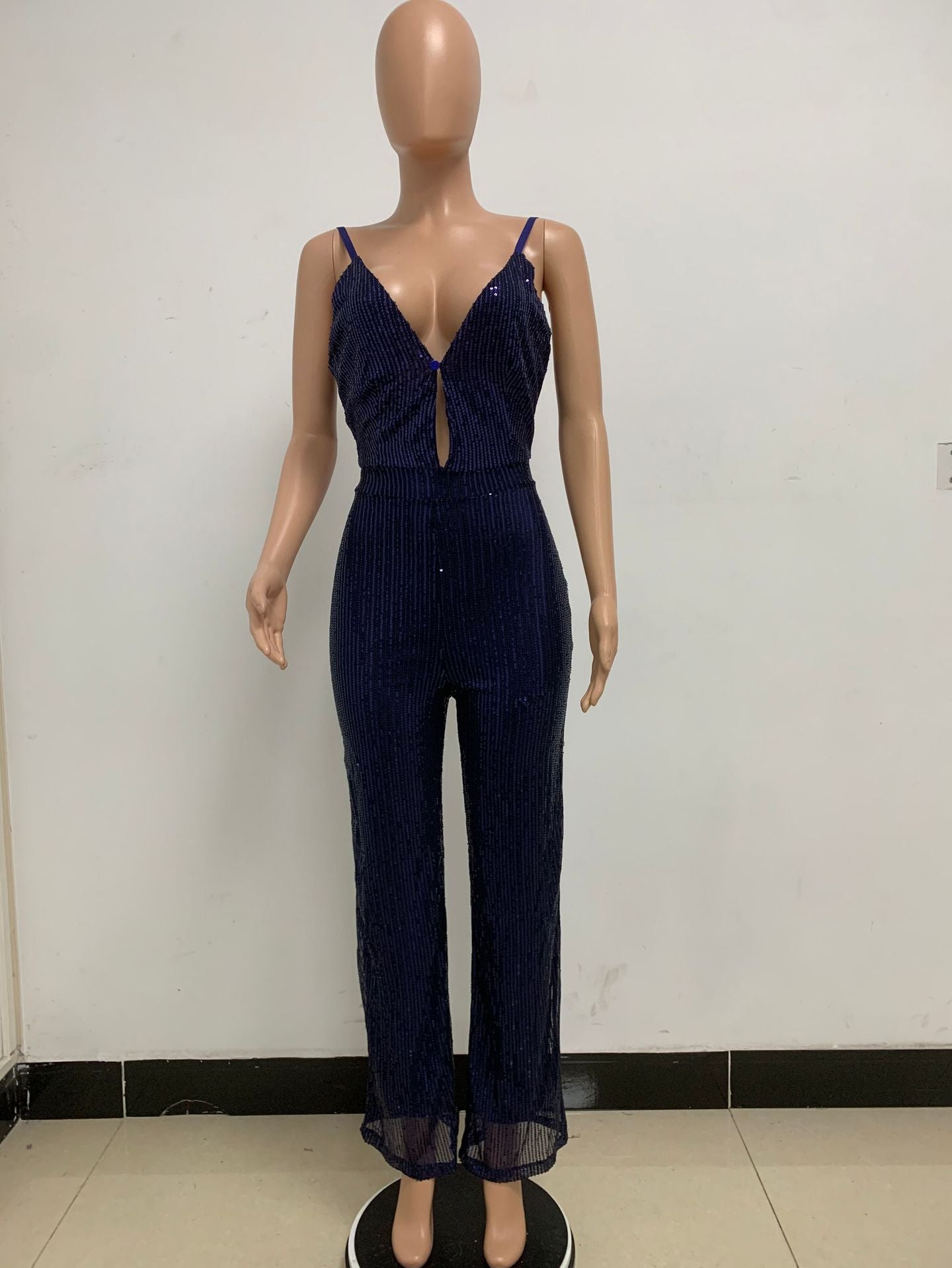 Deep V Neck Low Back Sleeveless Chic Sequined Straps Elegant Women's Party Jumpsuit 92