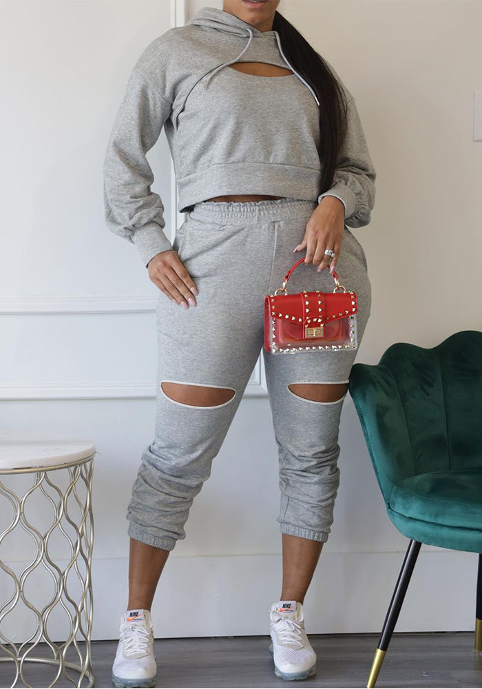 Women's Solid Color Hong Sleeve Hollow Hoodies Sweatpants Two-Piece Set