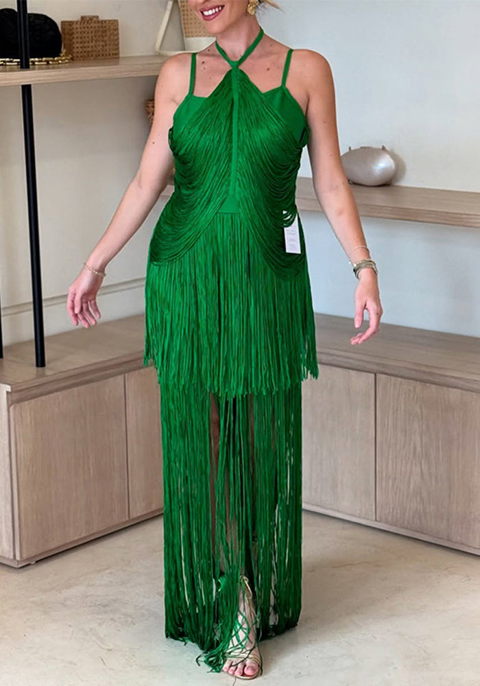 Women Halter Neck Sleeveless Sling Tassel Dress