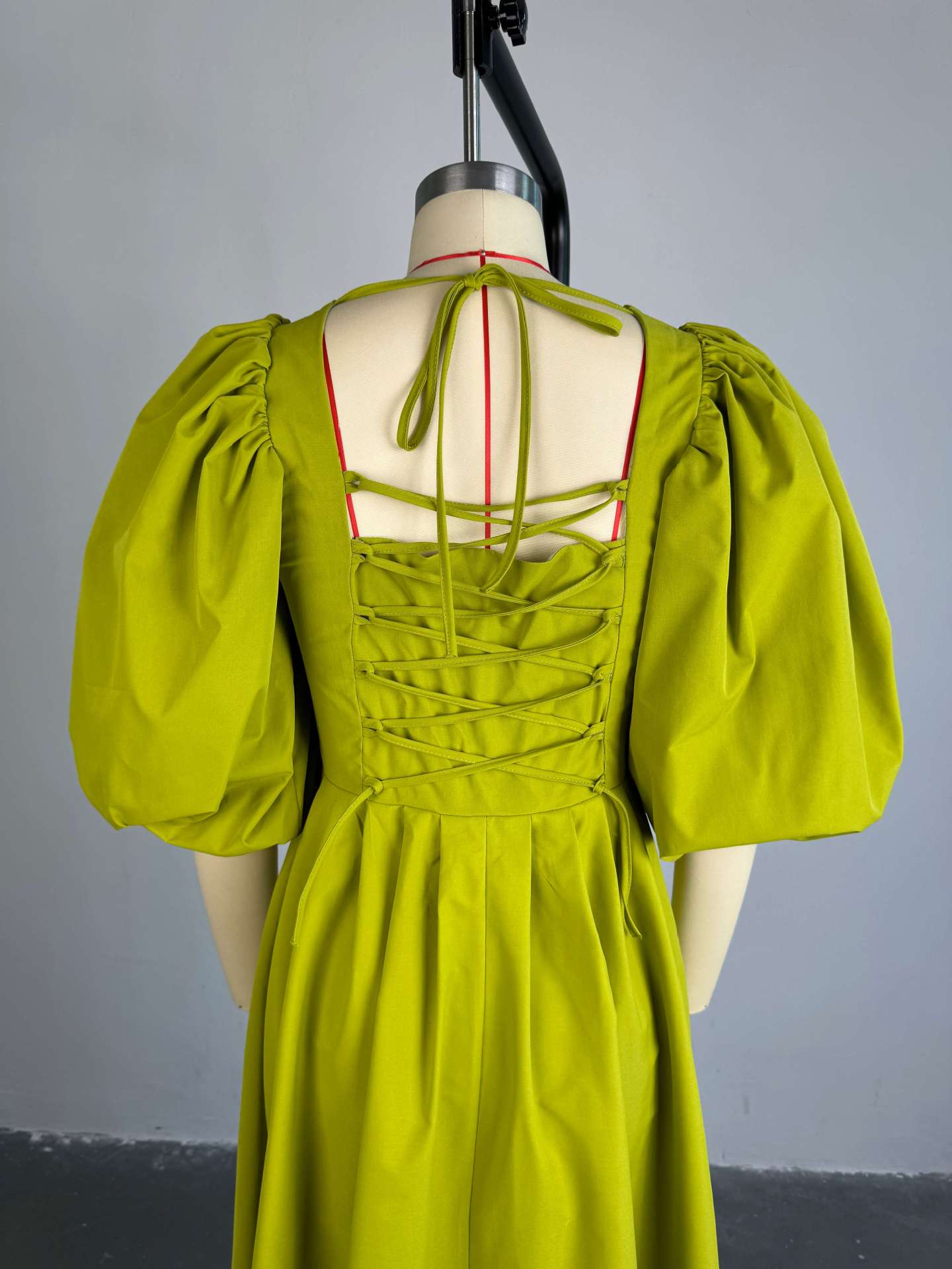 Women Autumn Square Neck Waist Lace-Up Lantern Sleeve Dress 6