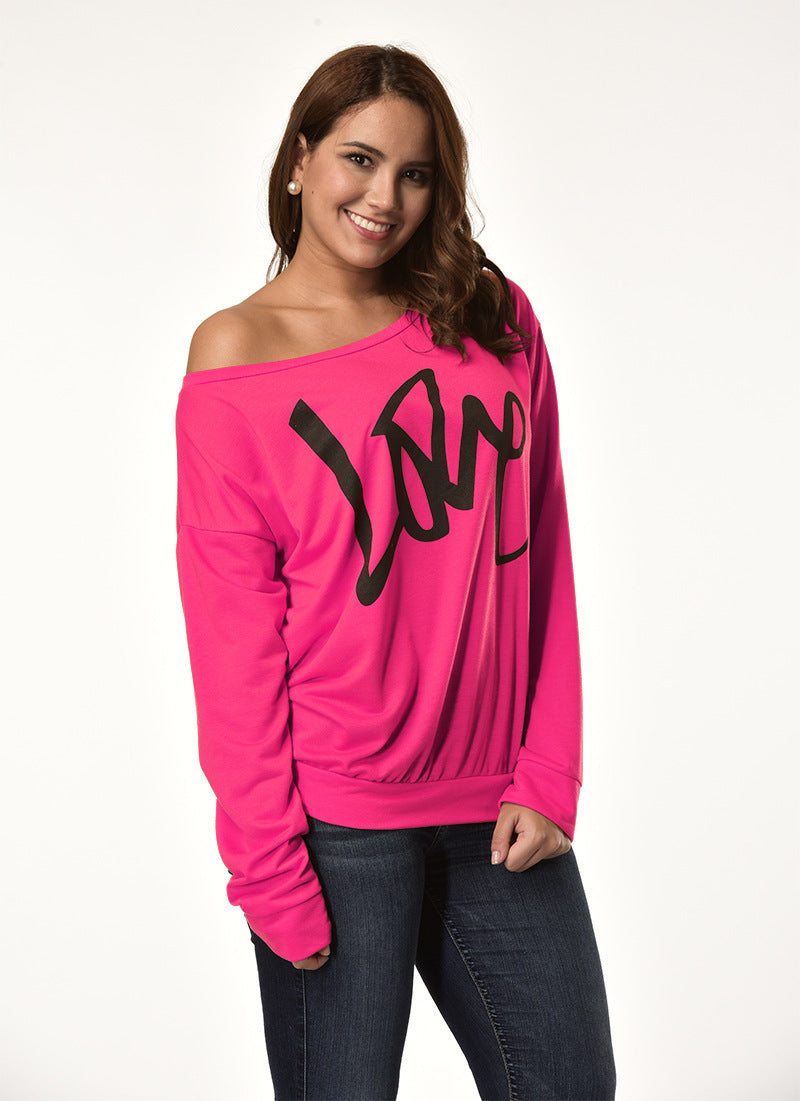 Love Letter Printed Long Sleeve T-Shirt Sexy Off-Shoulder Women's Top 7