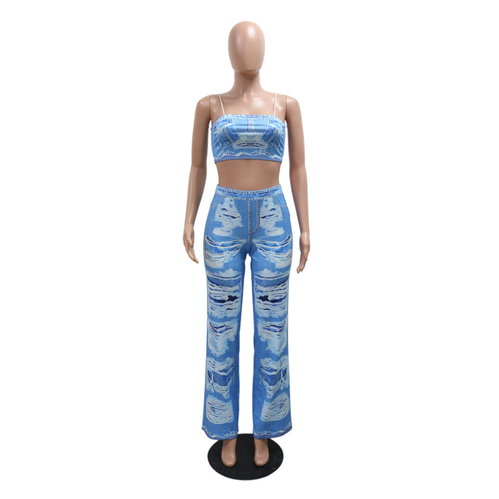 Sexy Fashion Print Strap Top Slim Flared Trousers Two-Piece Set 11