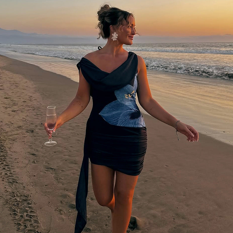 Women Sexy Backless Swing Neck Printed Side Ribbon Bodycon Dress 11