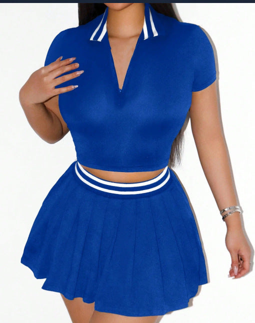 Women's Summer Skirt & Turndown Collar Short-Sleeve Top Two-Piece Set 6