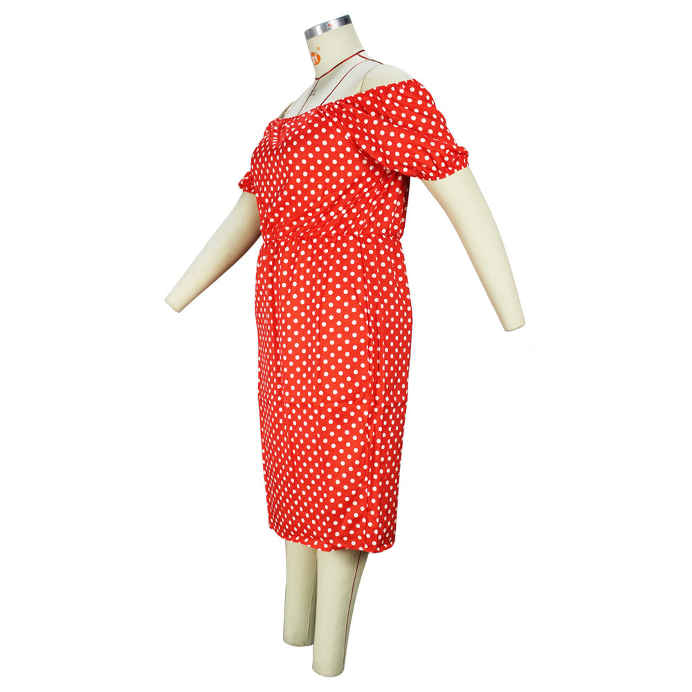 Summer Red Polka Dot Print Puff Sleeve Plus Size Off Shoulder Chic High Dress 7