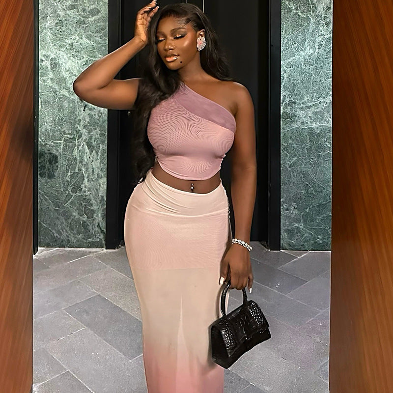 Fashionable Women's Tight Fitting Gradient Slash Shoulder Two-Piece Skirt Set