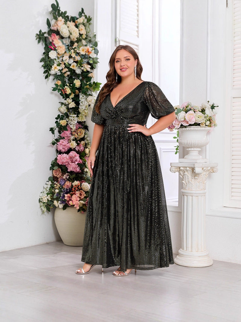 Plus-Size Glitter V-Neck Patchwork Short-Sleeve A-Line Fully Lined Evening Dress 6
