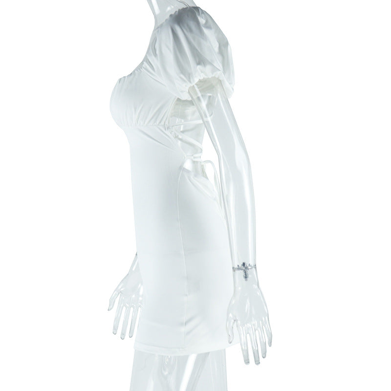 Women sexy U-neck Solid puff sleeve dress 11