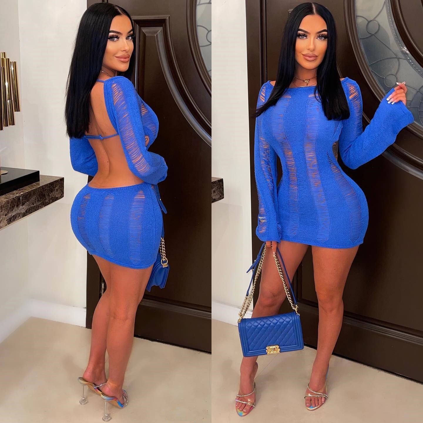 Women's Sexy Hollow Thin Long Sleeve Top Round Neck Hollow Back Dress 5