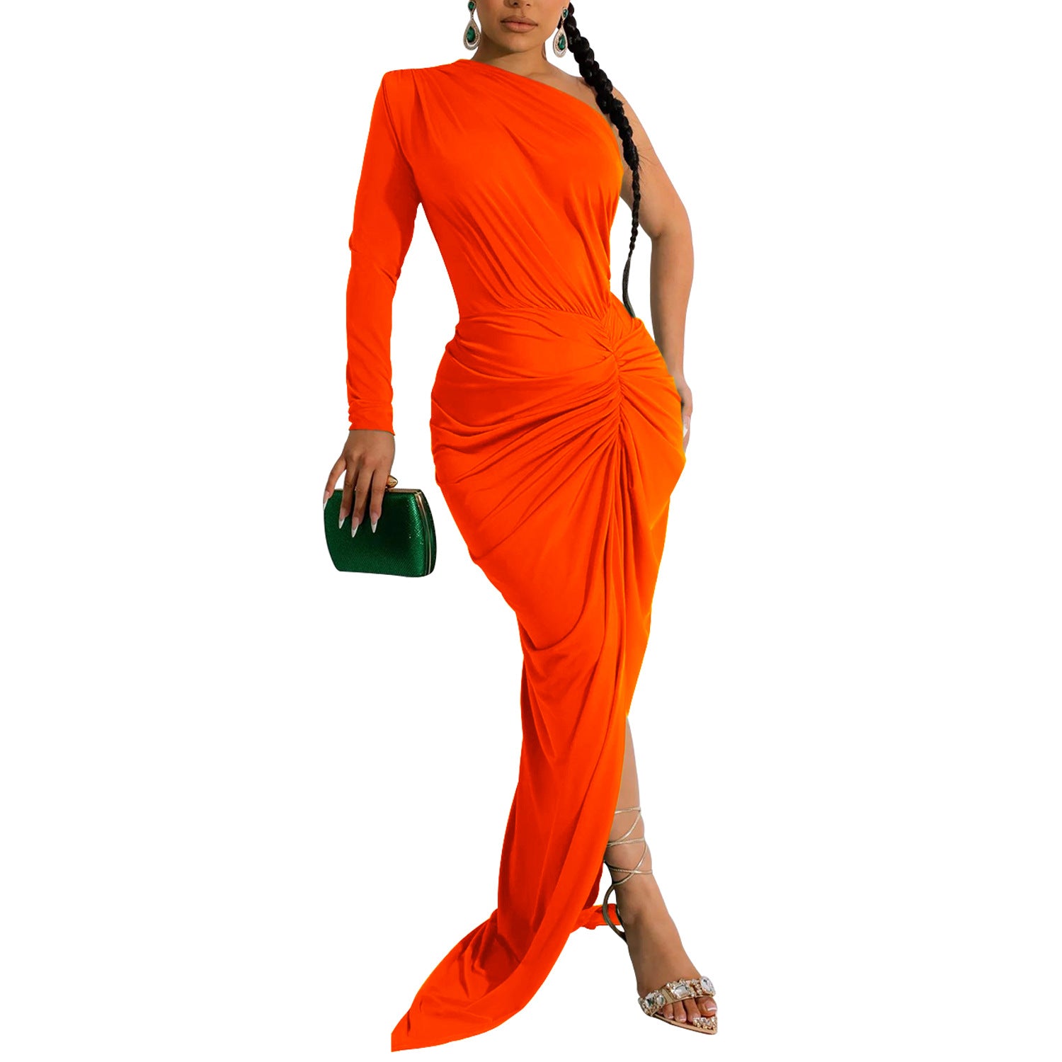 Fashion Women's Solid Color Slash Shoulder Single Long Sleeve Long Pleated Dress 20