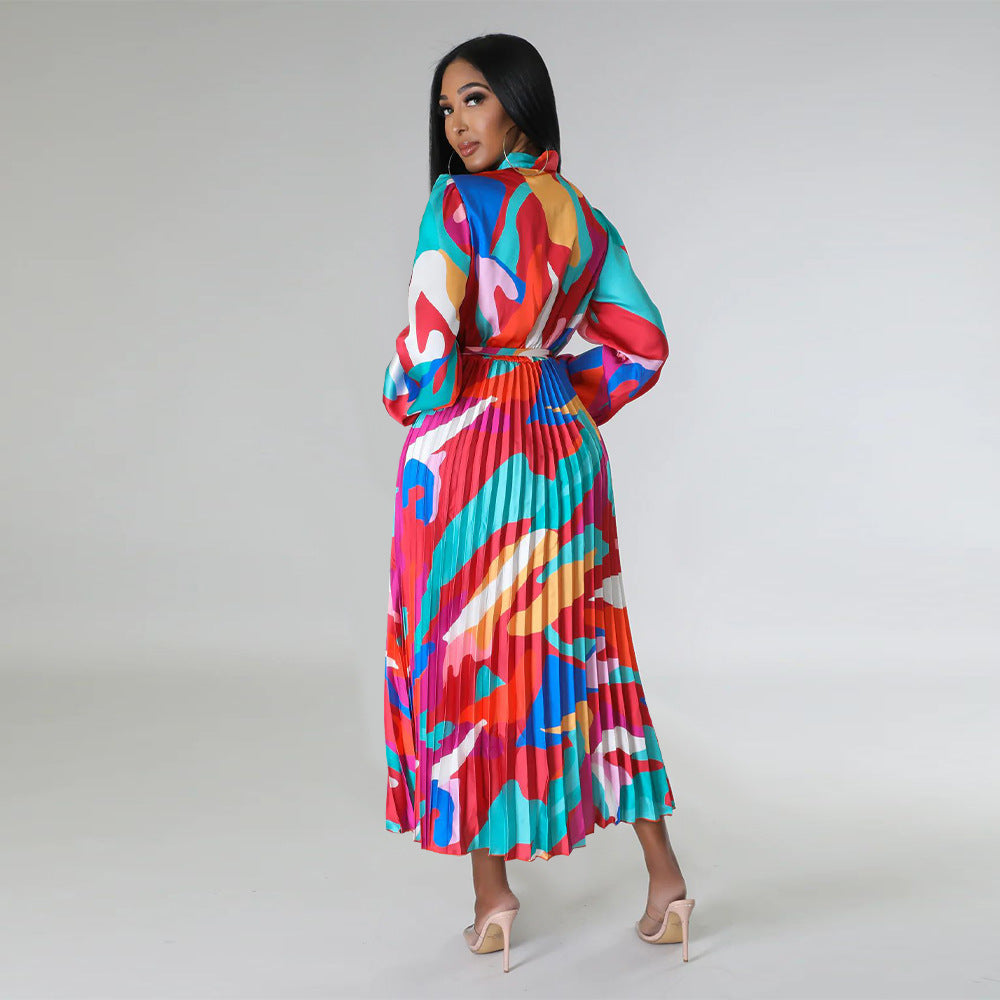 Women's Tie Long Sleeve Printed Pleated Dress 53