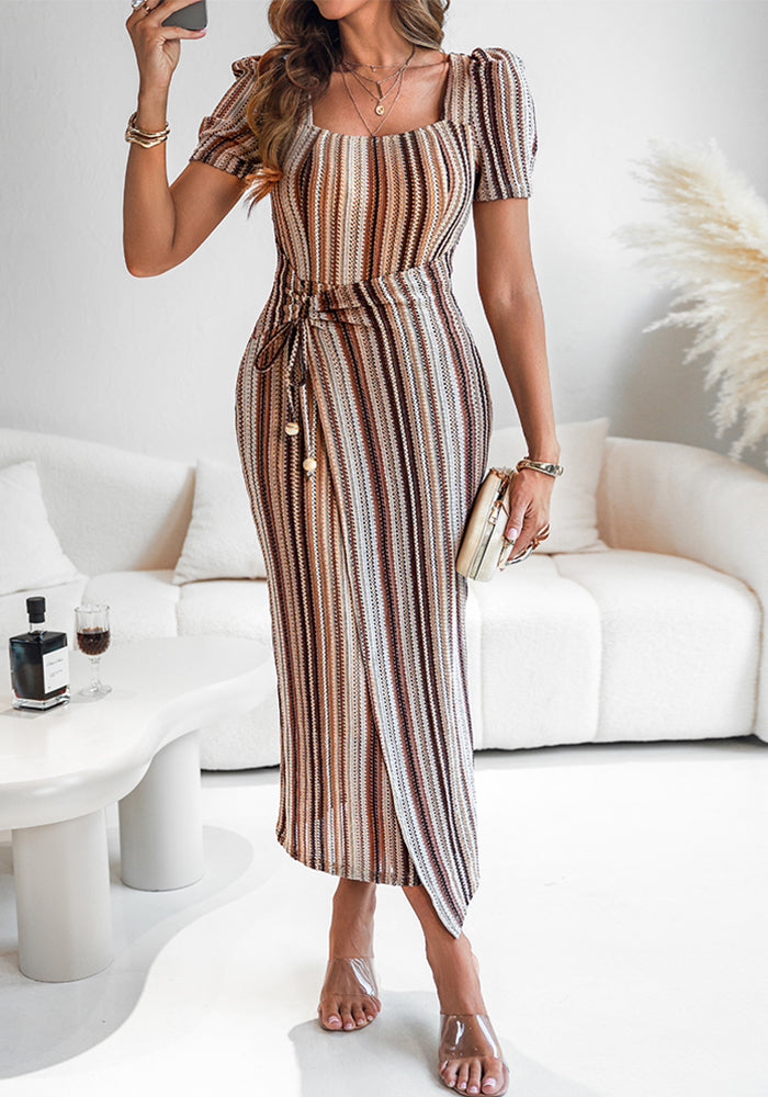 Textured Square Neck Puff Sleeve Lace-Up Midi Dress