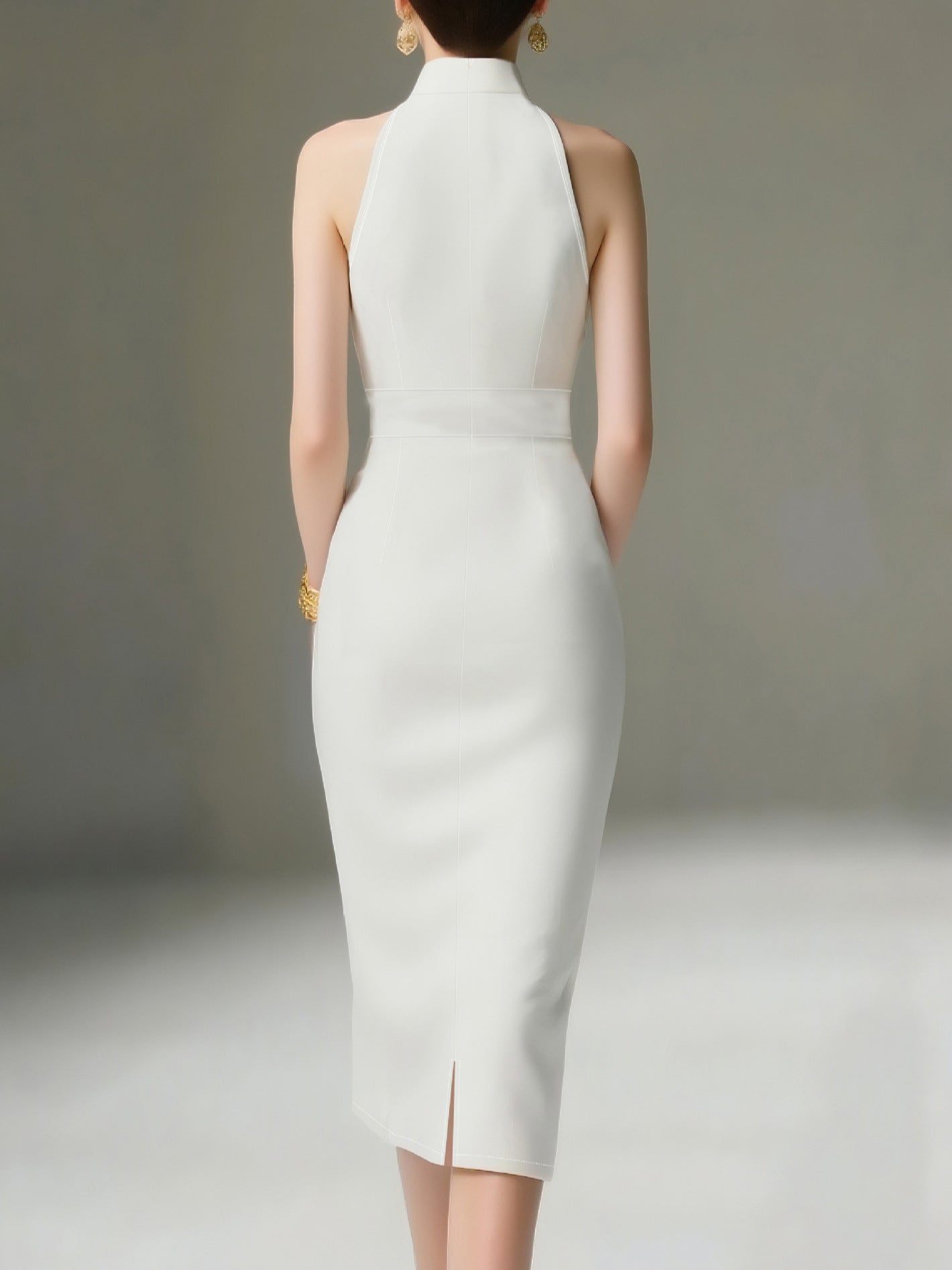 Women Summer Solid Halter Neck Sleeveless Off-Shoulder Pleated Dress 3