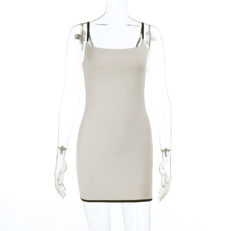 Women summer sexy contrast color suspender square neck Strap Dress 7
