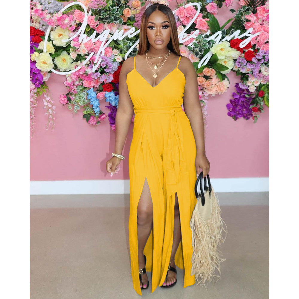 Suspender Hem Slit Fashion Jumpsuit Solid Casual One Piece