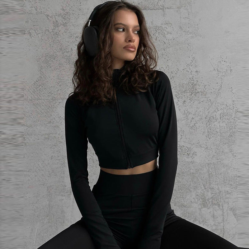 Women's autumn fashion Casual solid color zipper long sleeve top high waist Tight Fitting flared pants two piece set 4