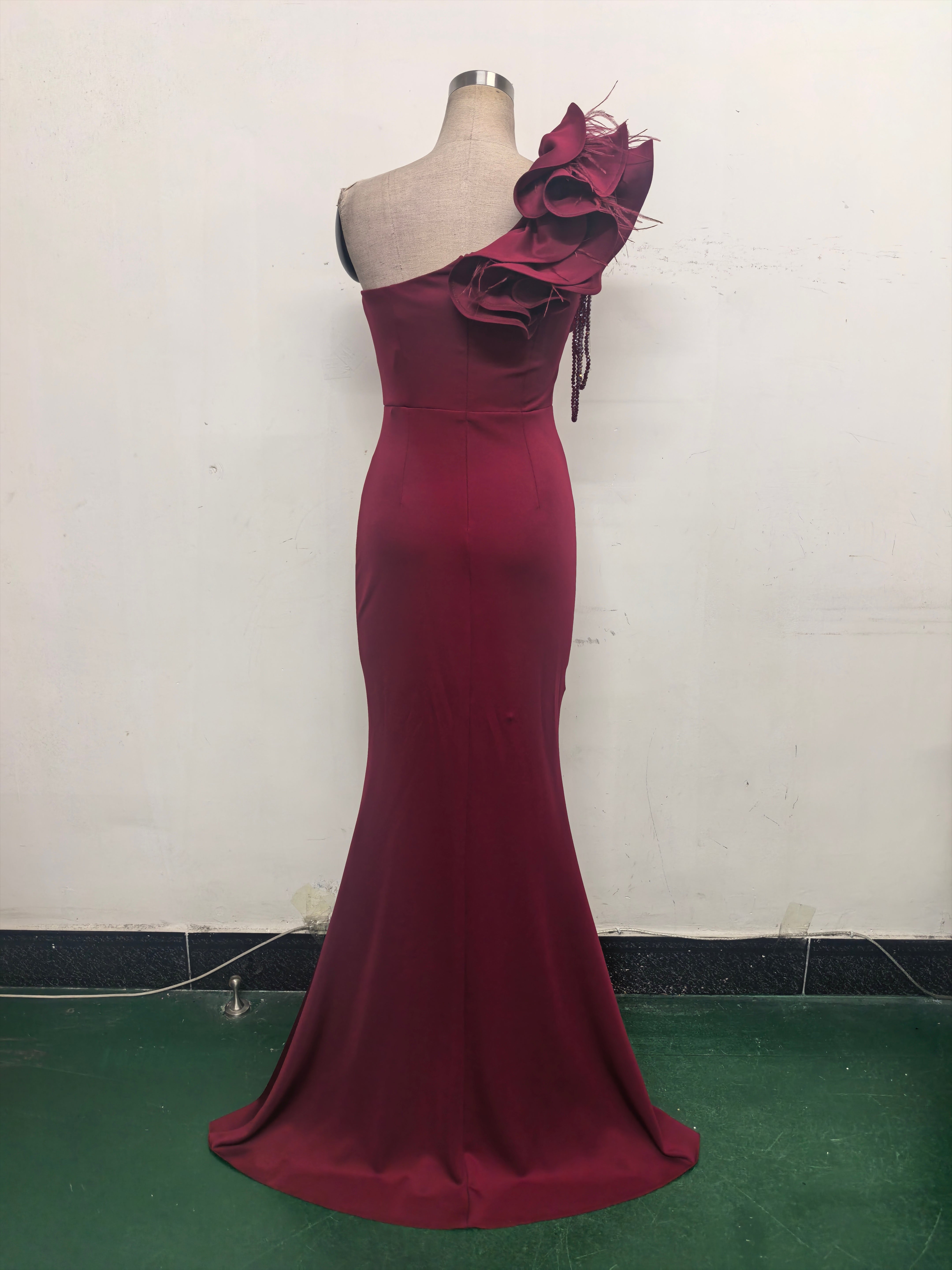 Women One-Shoulder Beaded Wool and Floral Satin Slit Sexy Evening Dress 41