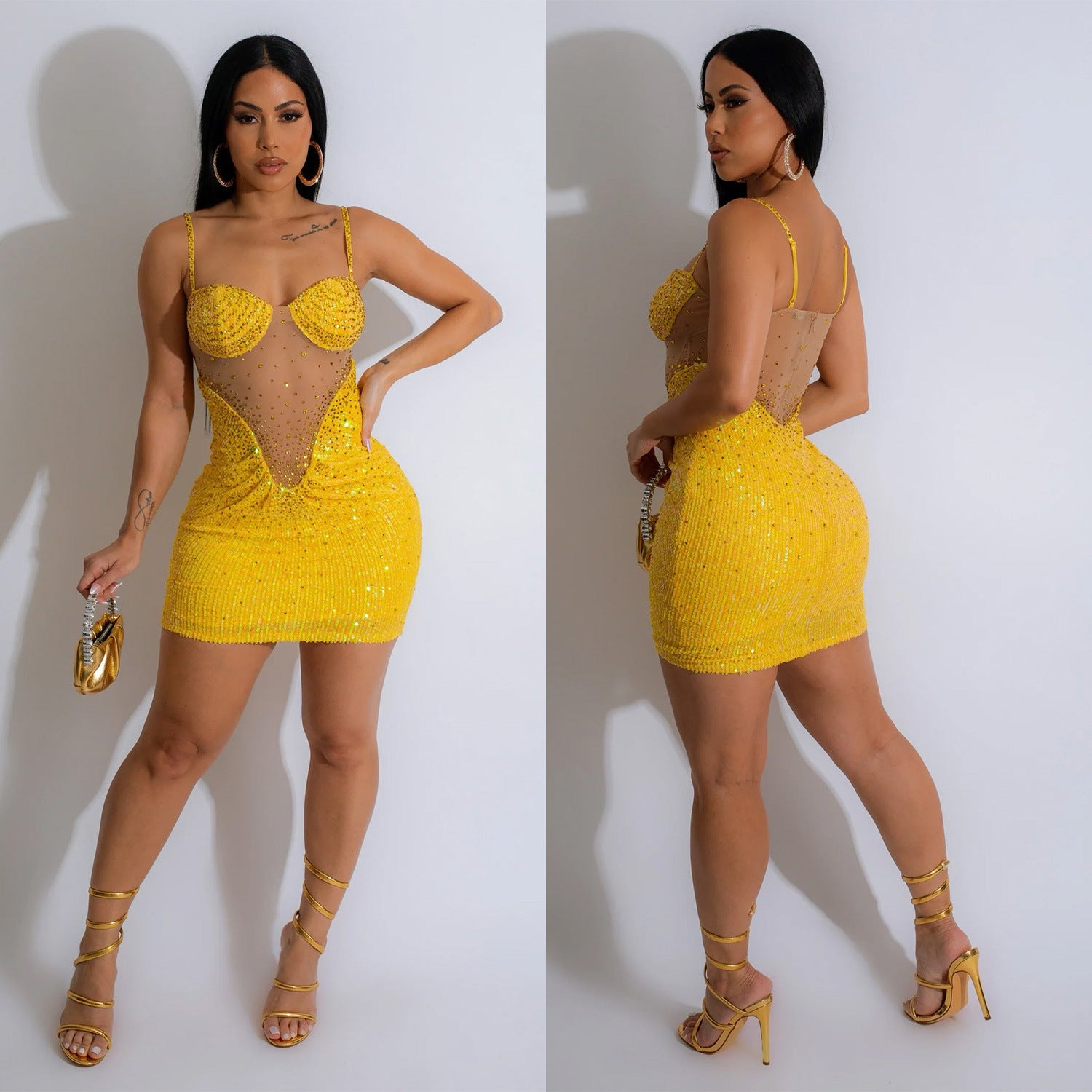 Fashionable women's solid color mesh beaded Straps dress（customized,MOQ 6pcs/size/color,process time 7-10 days） 5