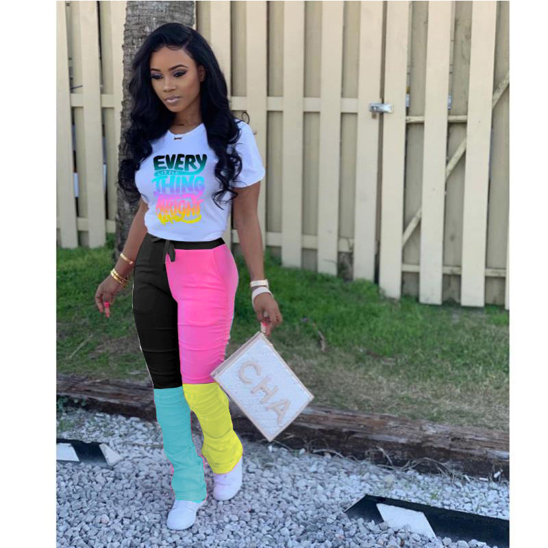 Women printed short-sleeved T-shirt and color-blocked trousers sports two-piece set 19