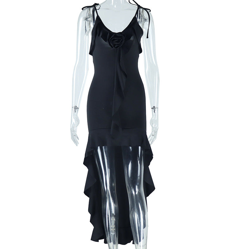 Women's Solid Color Sexy Sleeveless Strap Flower Irregular Trendy Dress 11