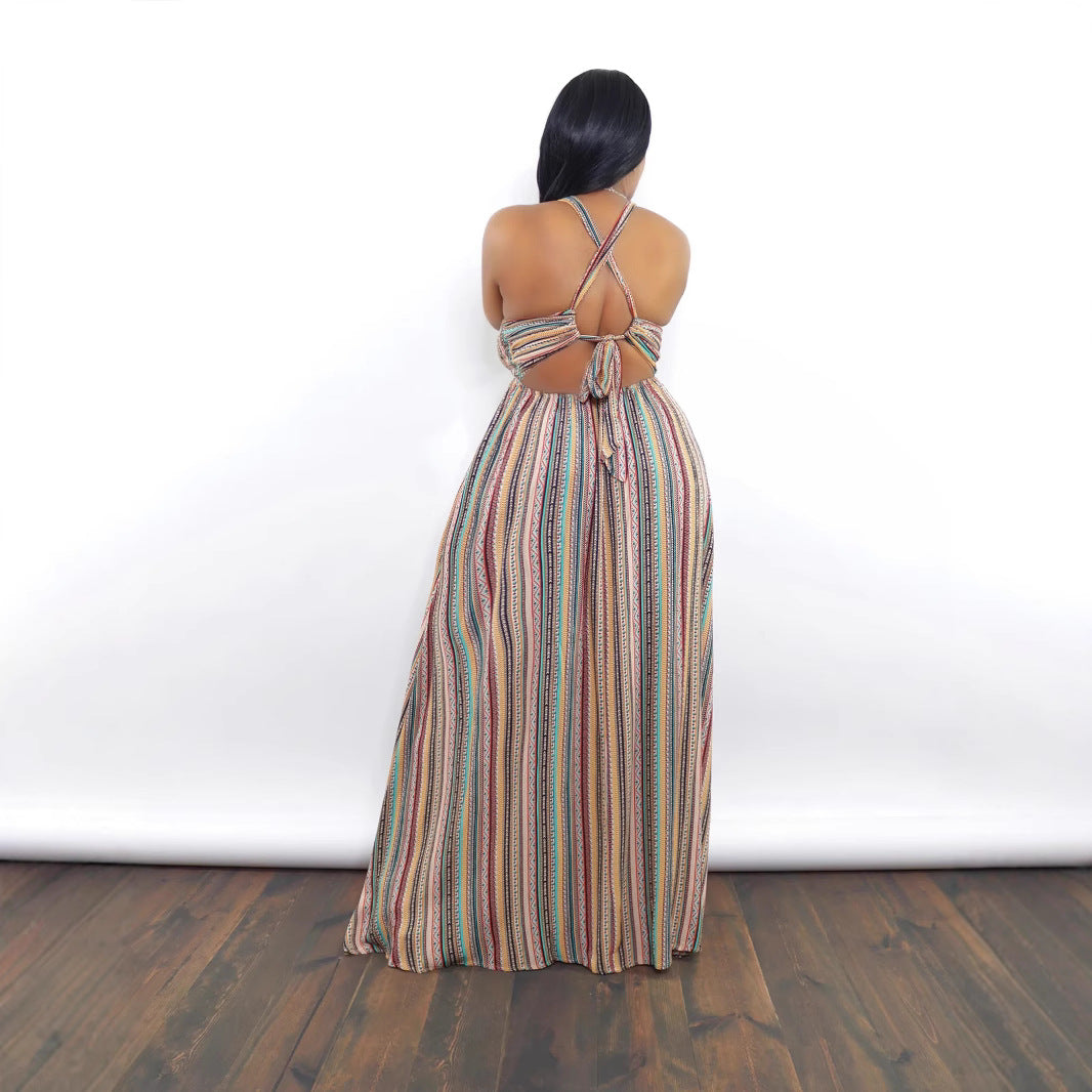 Women summer holidays stripe print lace-up open waist dress 4