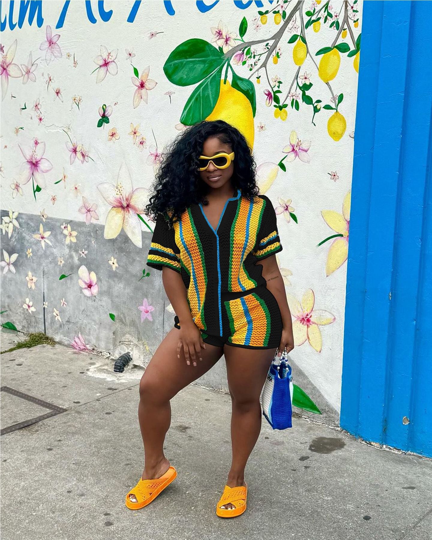 Women's Sexy Hollow See-Through Turndown Collar Knitting Two Piece Shorts Set 3