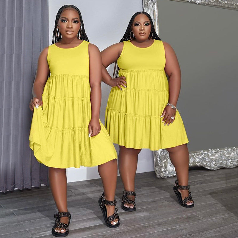 Summer Solid Round Neck Sleeveless Casual Women's Fashion Pleated Casual Dress 3