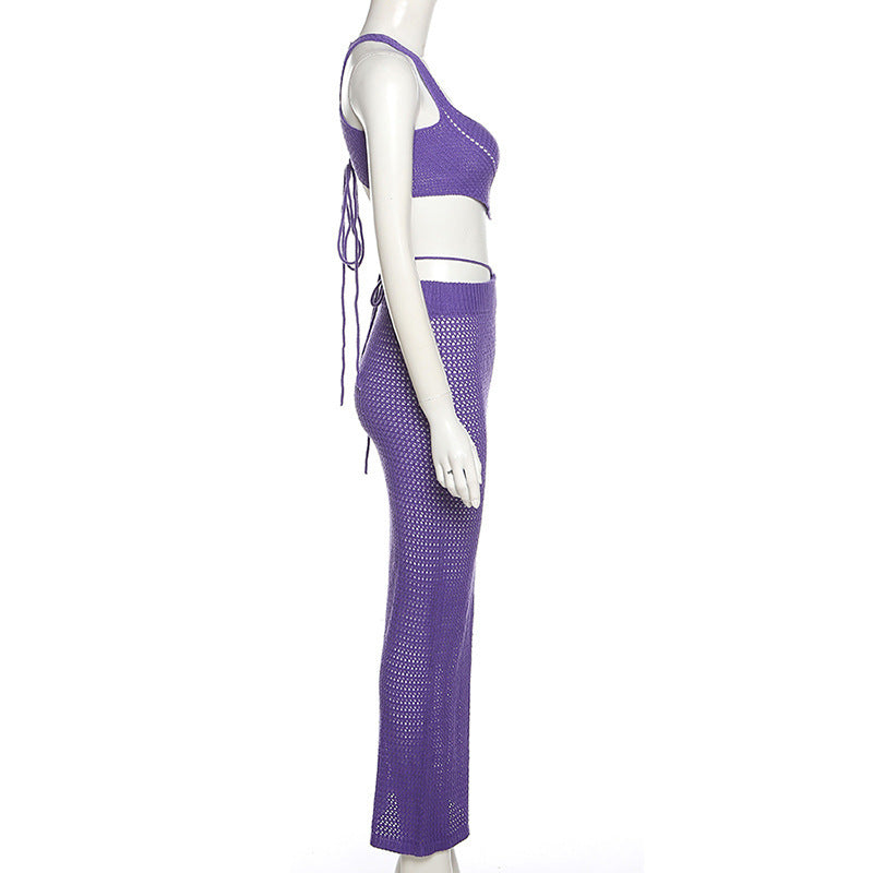 Spring Fashion Women's Solid Color Slim Vest Sexy Low Waist Skirt Two Piece Set 9