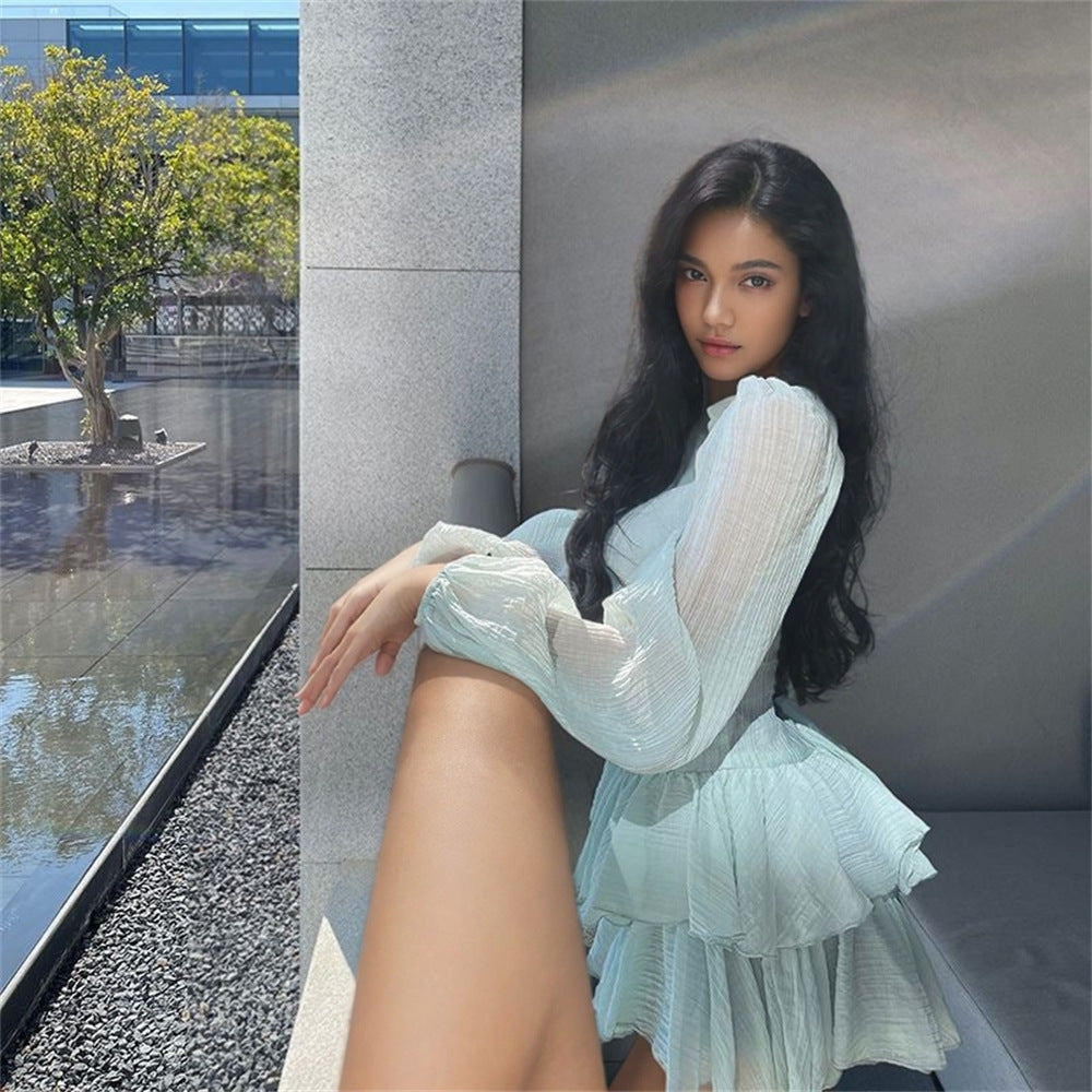 Women'sautumn fashion solid color puff sleeve Cascading Ruffles chiffon dress 8