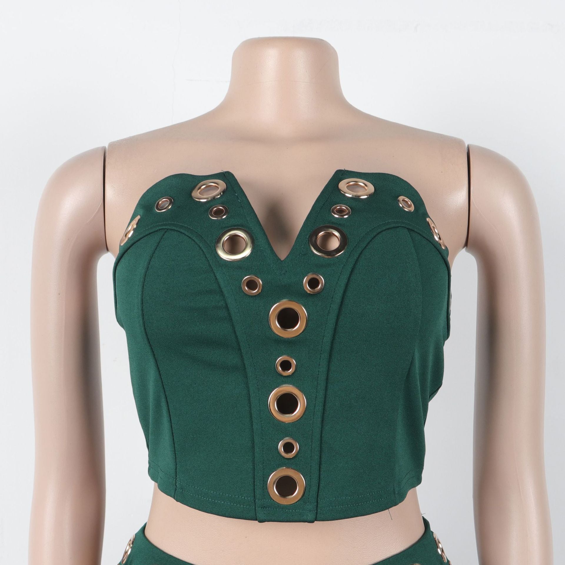 Women elegant elastic metal buckle decorated V-neck Top and Pants two-piece set 13