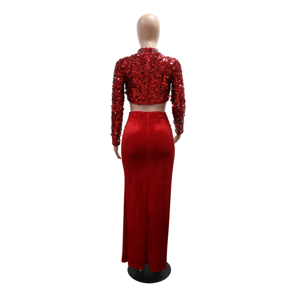 Women Round Neck Sequin Long Sleeve Top Sexy Slit Velvet Skirt Two-piece Set 9