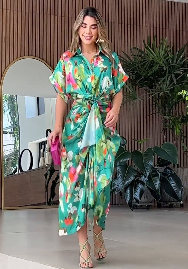 Women Loose Printed Strappy Irregular Button Shirt Casual Dress 3