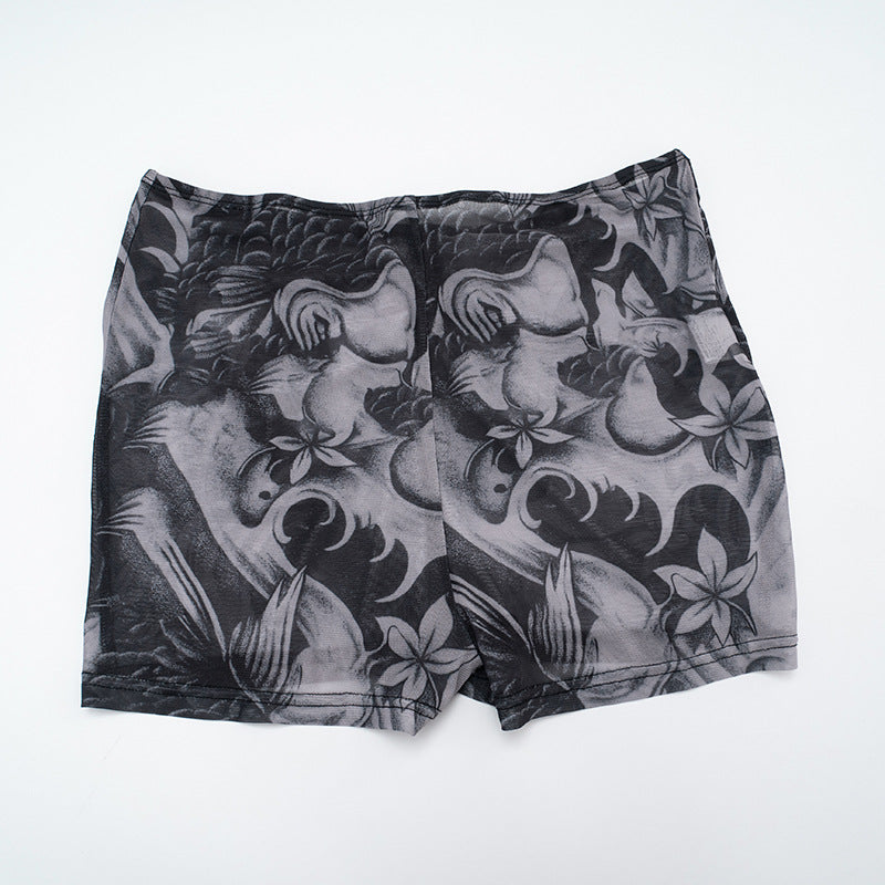 Women's Summer Autumn Zipper Round Neck See-Through Print Long Sleeve Two Piece Shorts Set 26