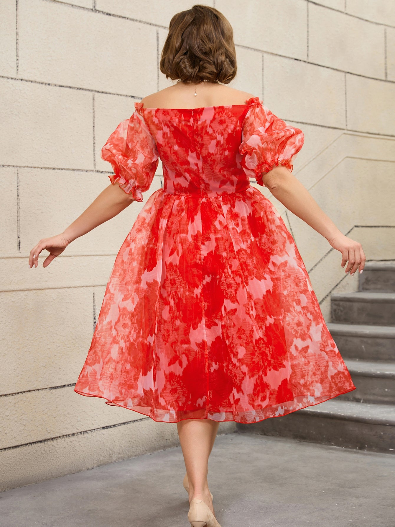Plus Size Women Red Print Off Shoulder Puff Sleeve Dress 8