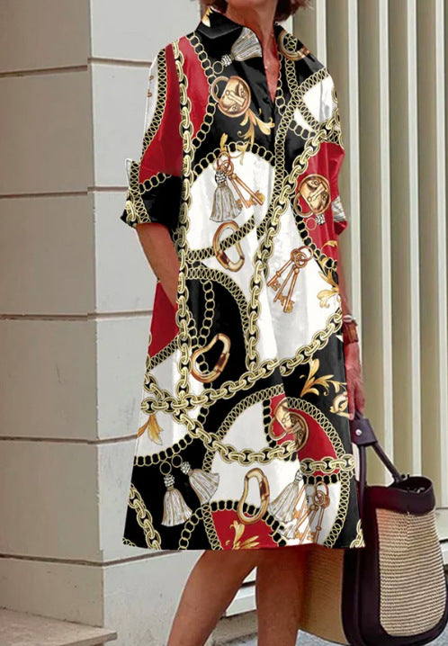 Fashion Print Turndown Collar Long Women's Shirt Dress 11