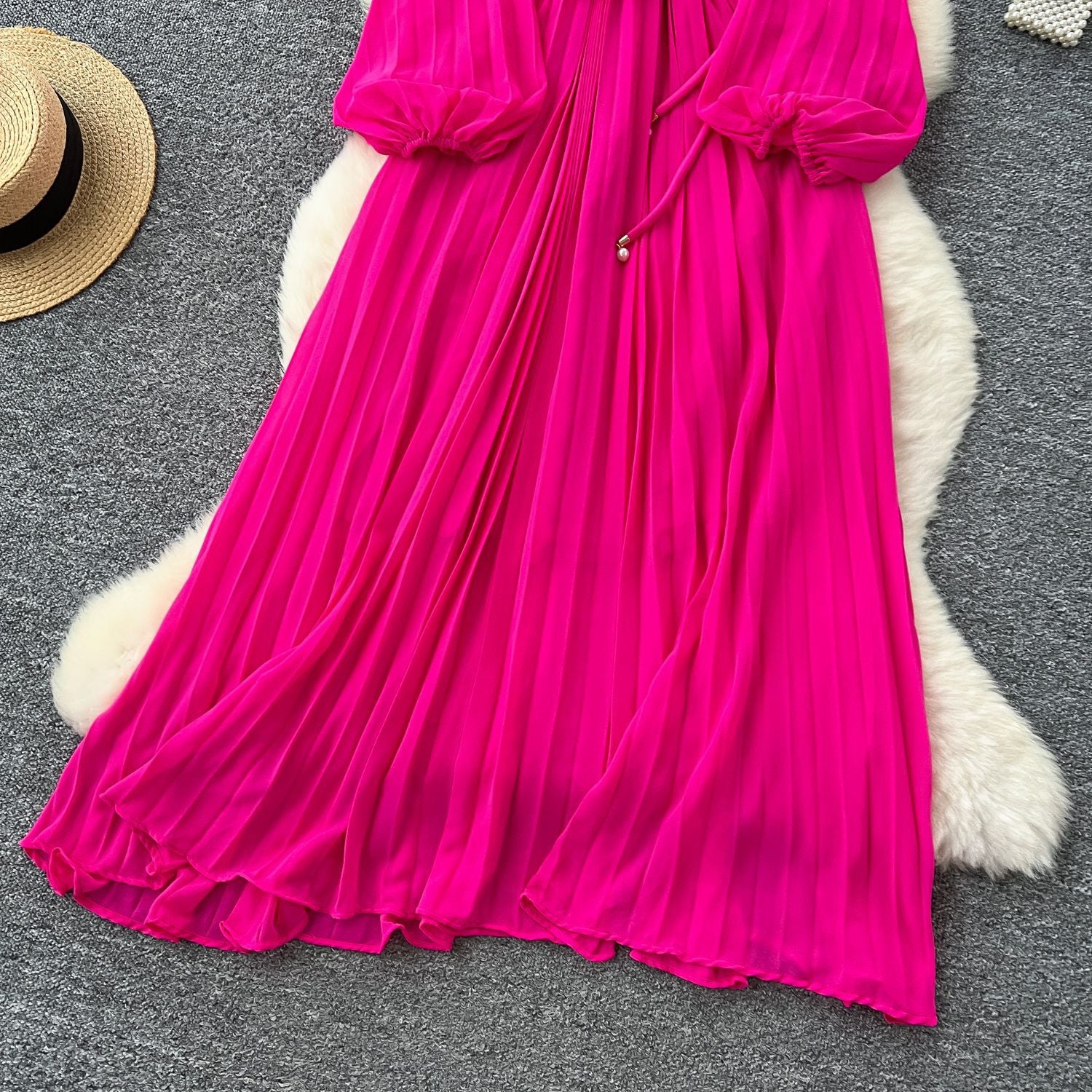 Elegant Women's Luxury Beaded Flower Belt Slim Waist Pleated Long Dress 21